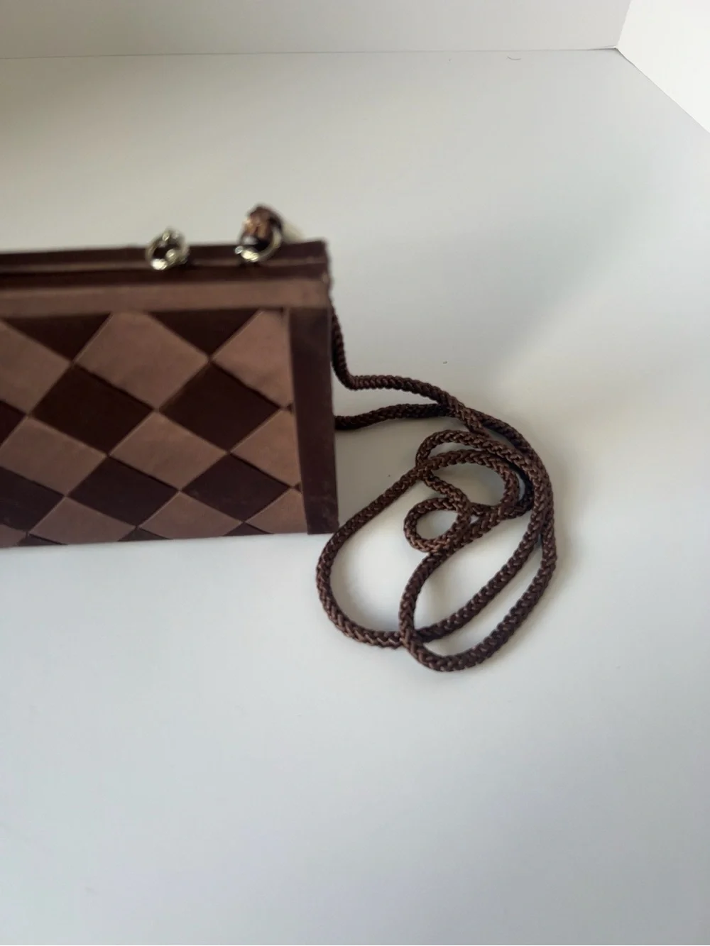 Vintage Katie Landry Brown Woven Satin Evening Clutch Purse w/ Chain Strap